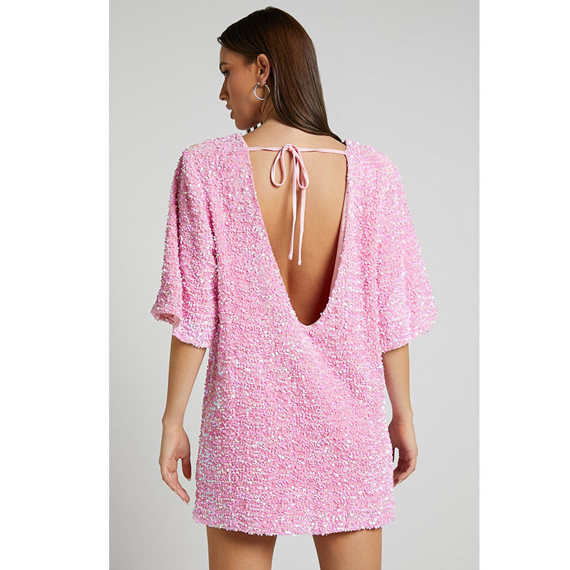 Fashion V Neck Sequined Backless Short Dresses