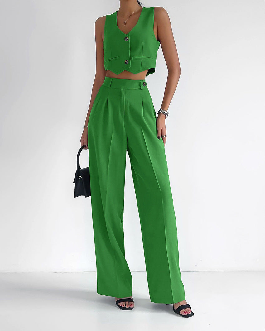 Fashion Linen Sleeveless Vest and Wide Legs Pants Suits