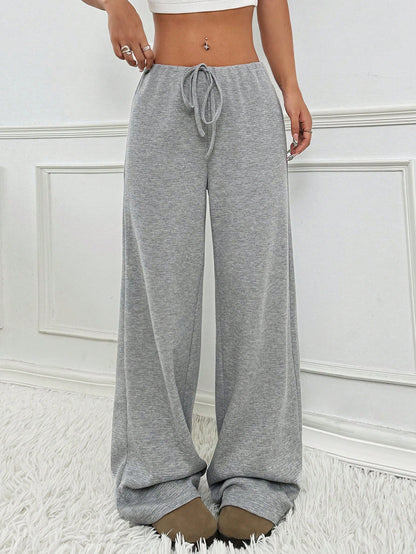 Casual Women Striped Solid Color Pull Rope Cotton Straight Pants