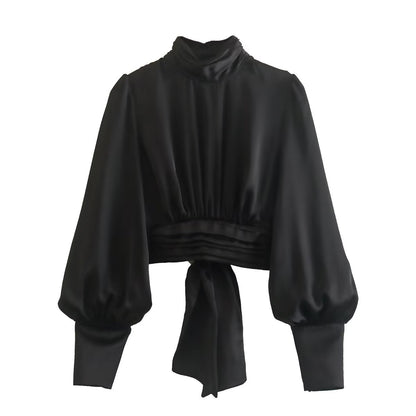 Black Satin Summer Short Blouses for Women
