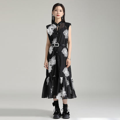 Vintage Embroidery Sleeveless Long Black Dresses with Belt