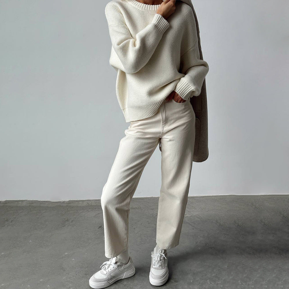 Casual Round Neck Knitted White Sweaters