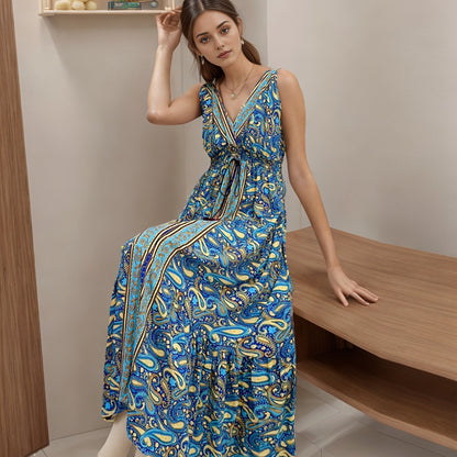 Bohemian Cotton Sleeveless V Neck Long Maxi Dresses