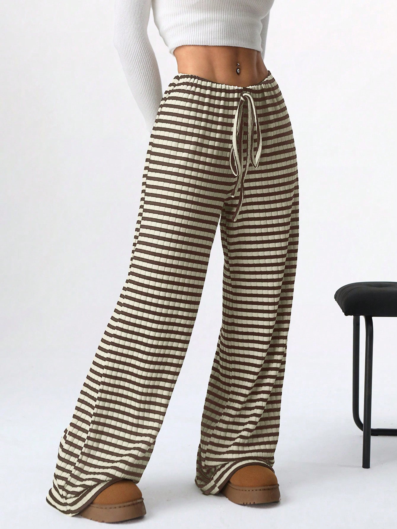 Casual Women Striped Solid Color Pull Rope Cotton Straight Pants