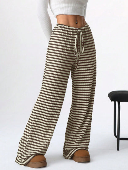 Casual Women Striped Solid Color Pull Rope Cotton Straight Pants