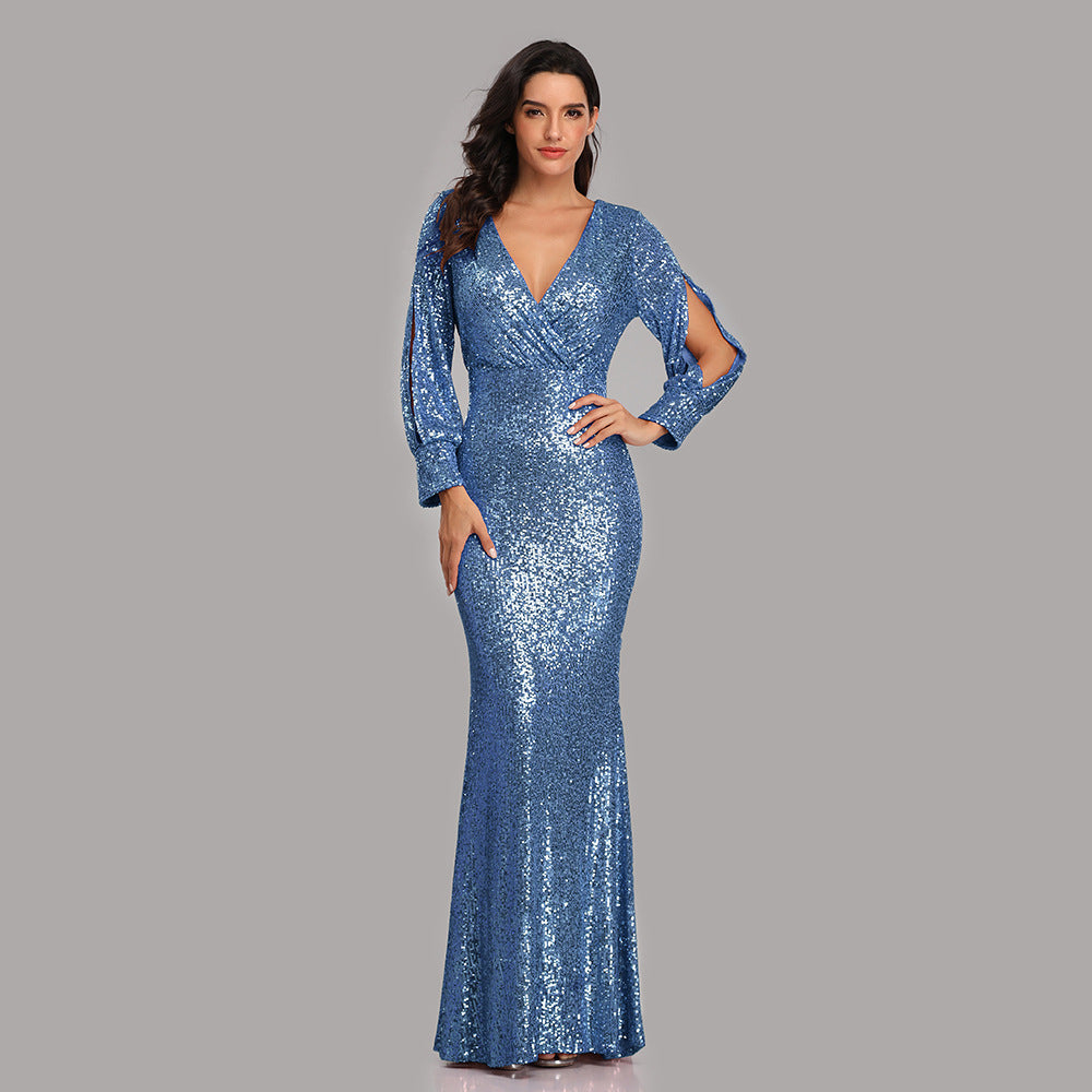 Sexy V Neck Sequined Mermaid Evening Dresses