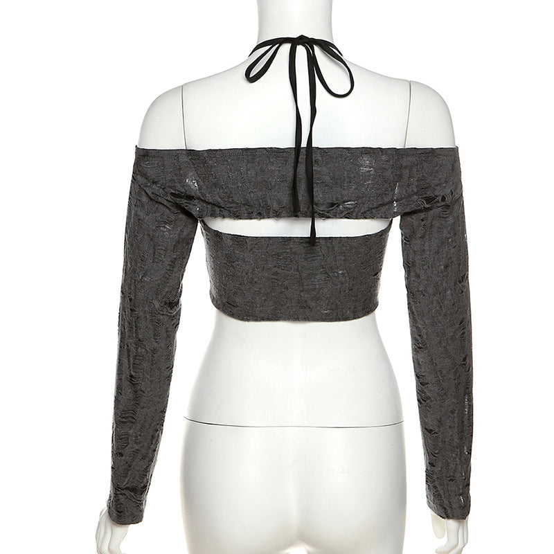 Fashion Gray Off The Shoulder Halter Short Shirts