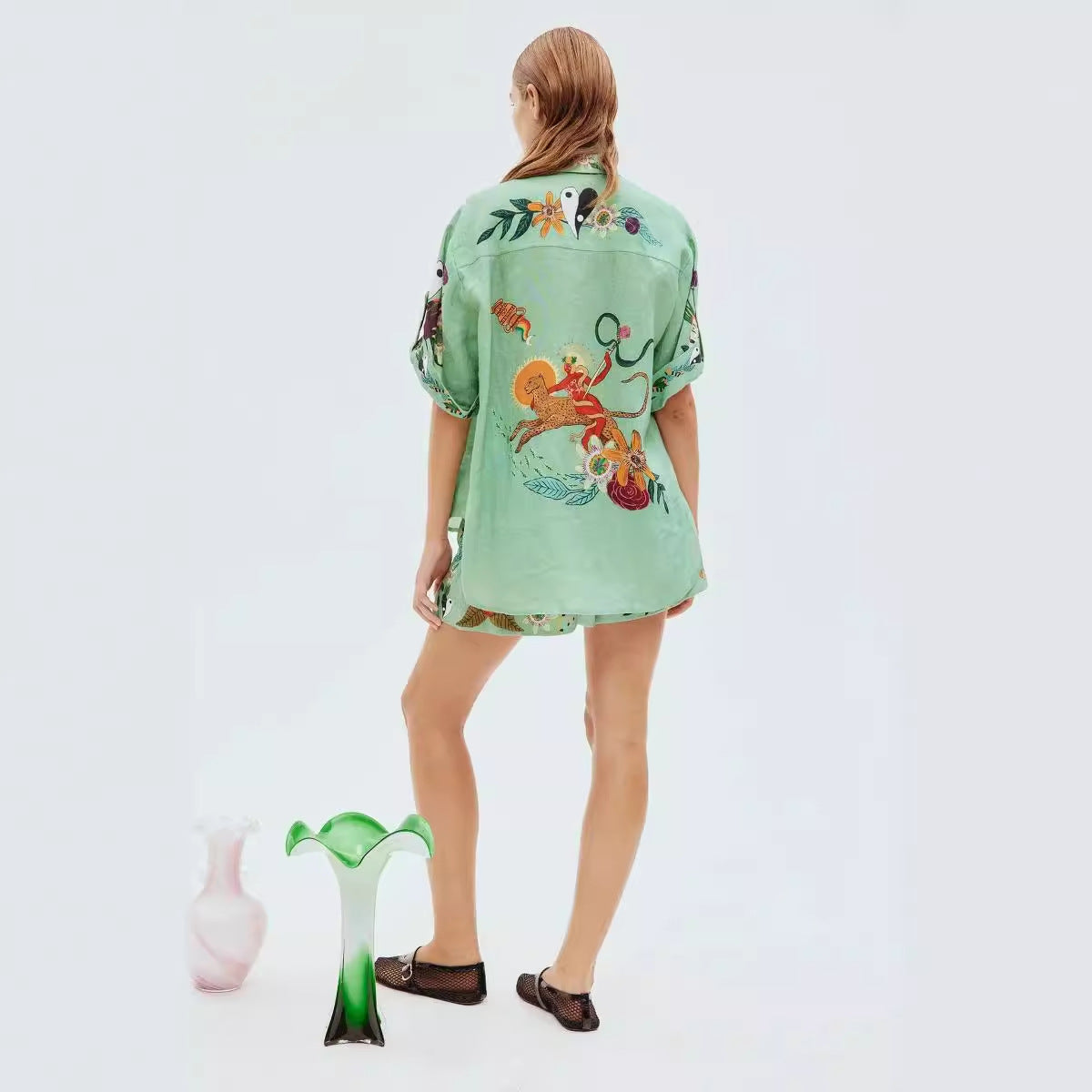 Green Linen Two Pieces Shirts and Short Pants
