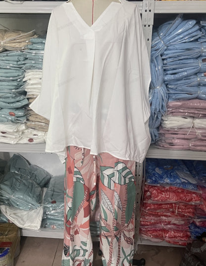 Summer V Neck Long Sleeves Shirts & Wide Leg Pants