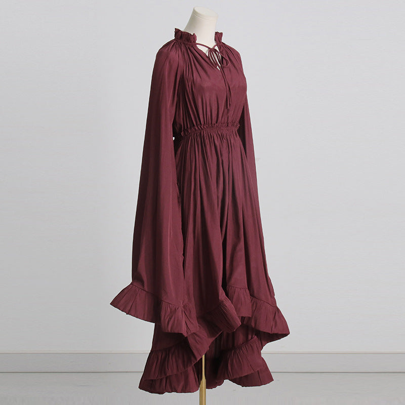 Designed V Neck Ruffled Long Sleeves Cloak Dresses