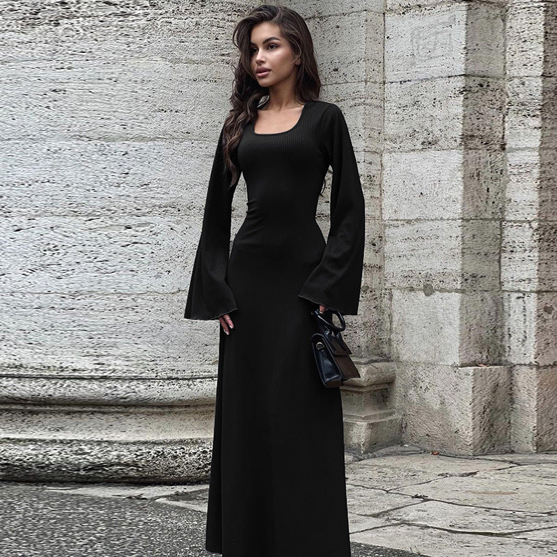 Sexy U Neck Back Lace Up Long Sleeves Dresses