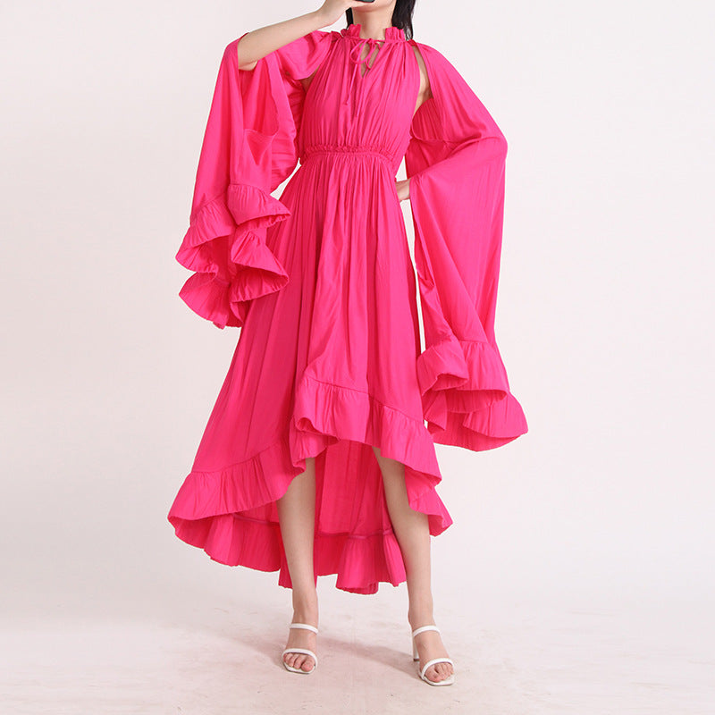 Designed V Neck Ruffled Long Sleeves Cloak Dresses