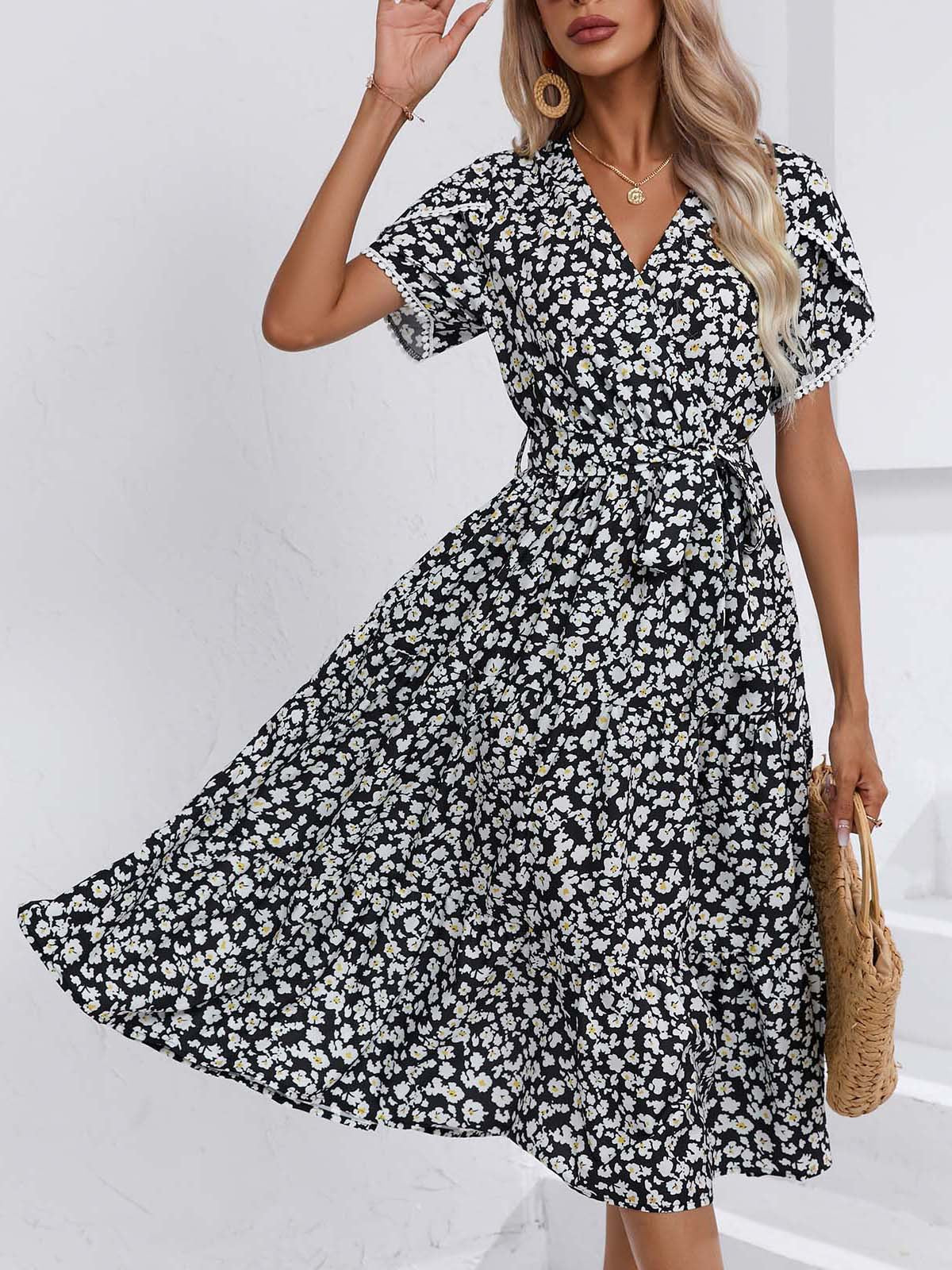 Leisure Summer V Neck Women Midi Dresses