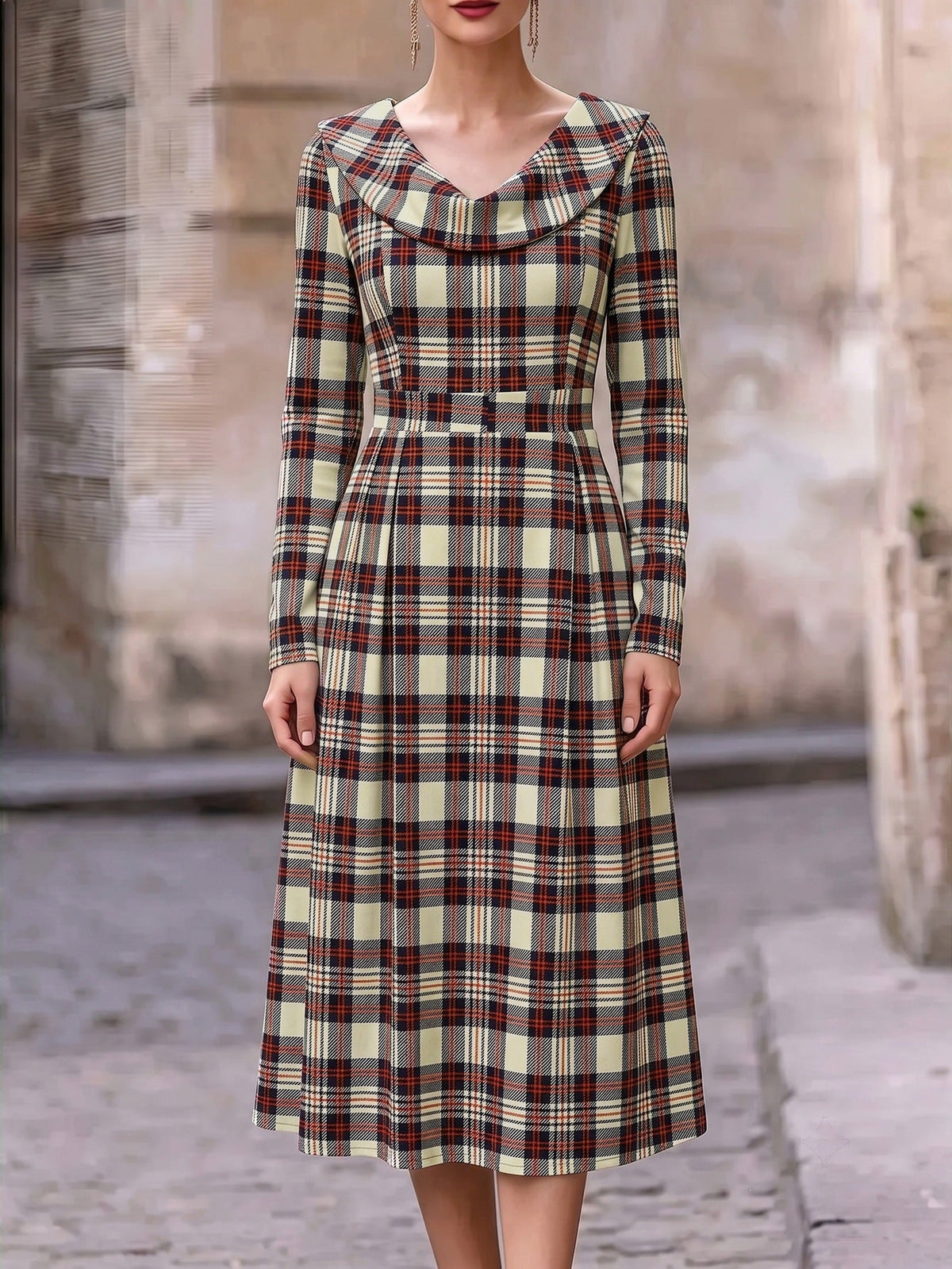 Autumn Winter Plaid Print Long Dress for Women