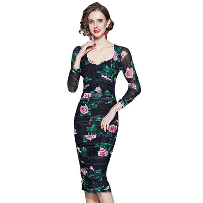 Sexy Designed Square Neckline Floral Print Midi Sheath Dresses