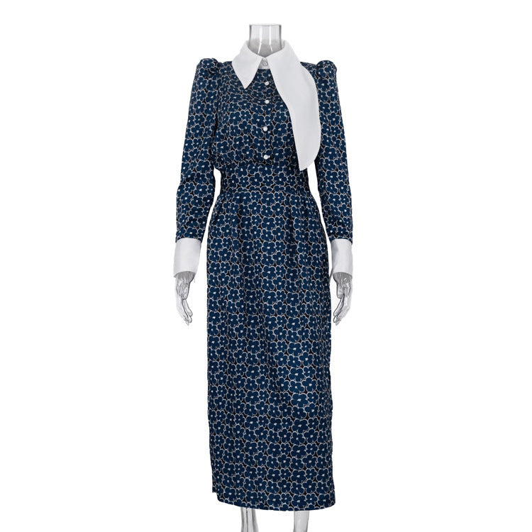 Designer Print Lapel Collar Bodycon Maxi Dress
