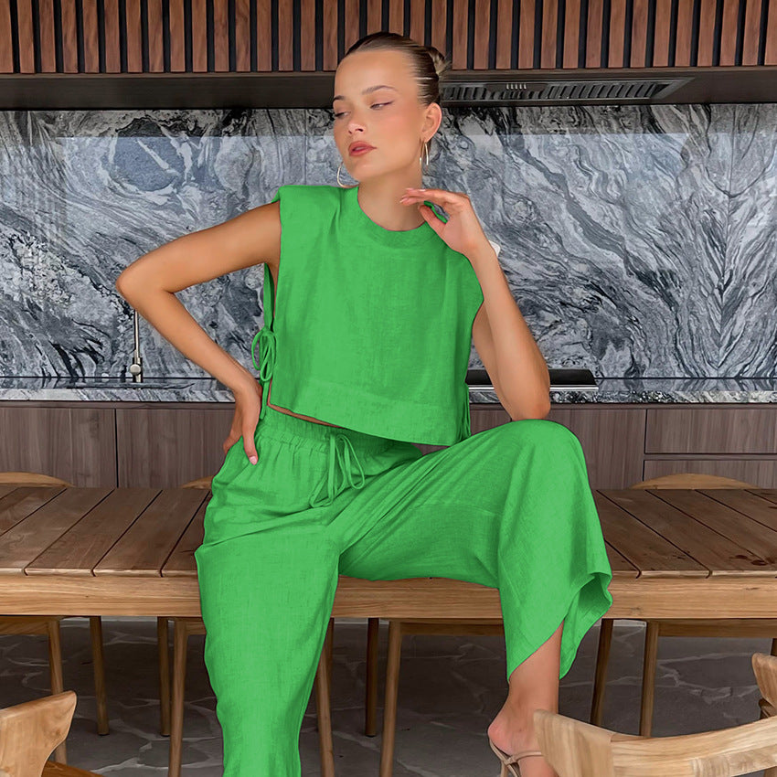 Casual Summer Cotton Linen Sleeveless Tops & Cropped Pants Suits