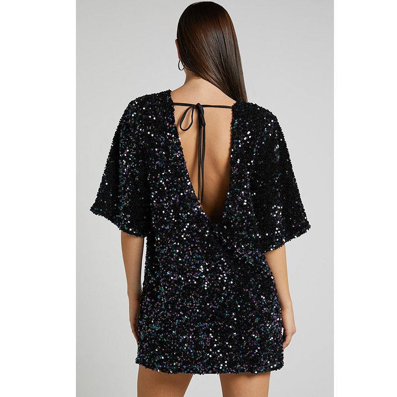 Fashion V Neck Sequined Backless Short Dresses