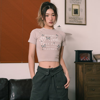 Vintage Butterfly Print Midriff Baring Short Sleeves T Shirts