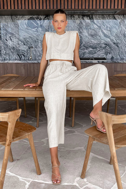 Casual Summer Cotton Linen Sleeveless Tops & Cropped Pants Suits