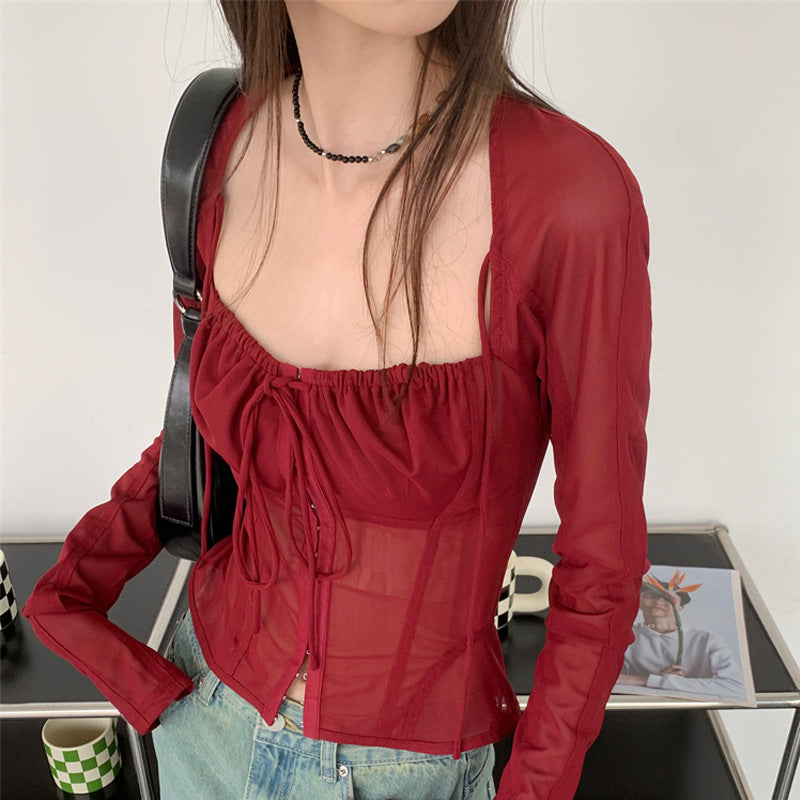 Fashion Square Neckline Tulle Long Sleeves Wine Red Summer Shirts