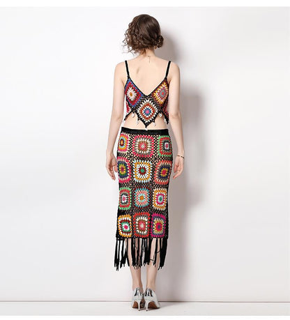 Bohemia Crochet Knitted Women Tank Tops and Skirts Suits
