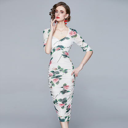 Sexy Square Neckline Pleated Midi Sheath Dresses