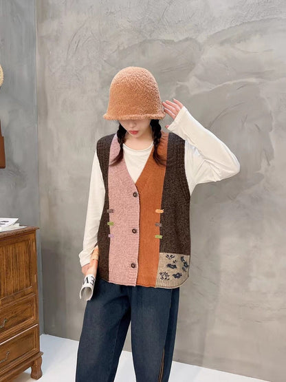 Designed Vintage V Neck Wool Knitted Vest Tops