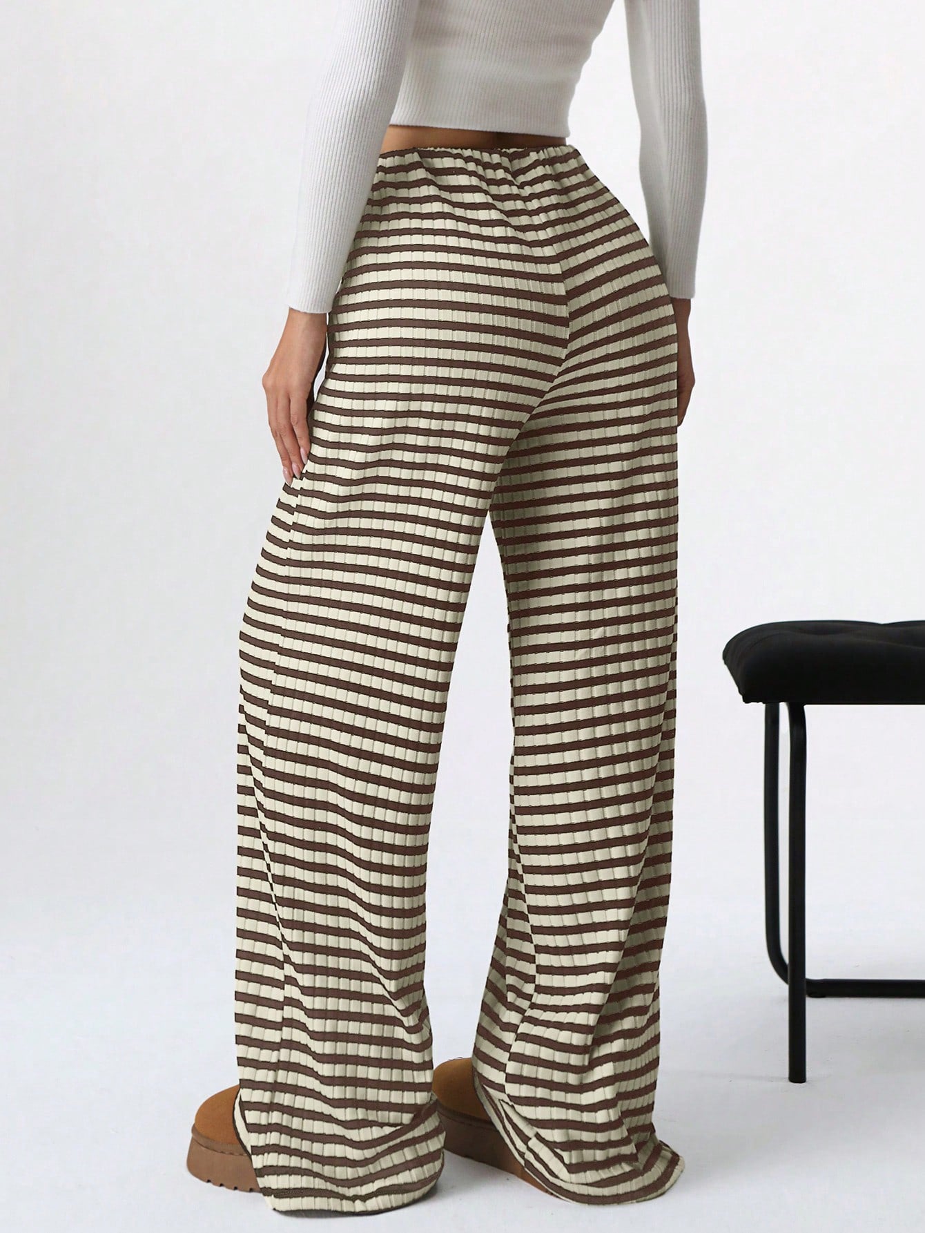 Casual Women Striped Solid Color Pull Rope Cotton Straight Pants