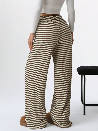 Casual Women Striped Solid Color Pull Rope Cotton Straight Pants