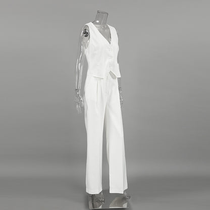 Summer White Sleeveless Vest & Long Pants Two Pieces Suits