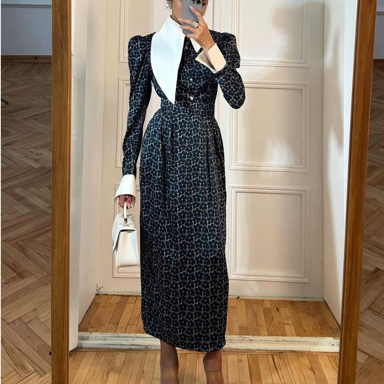 Designer Print Lapel Collar Bodycon Maxi Dress