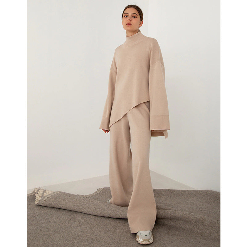 Casual Irregular Pullover Sweaters and Wide Legs Pants Outfits Sets