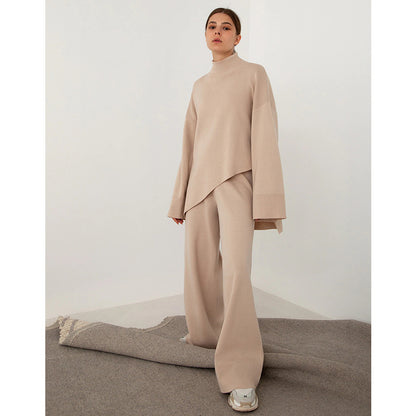 Casual Irregular Pullover Sweaters and Wide Legs Pants Outfits Sets