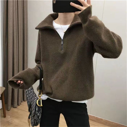 Casual Turnover Zipper Pullover Women Sweaters
