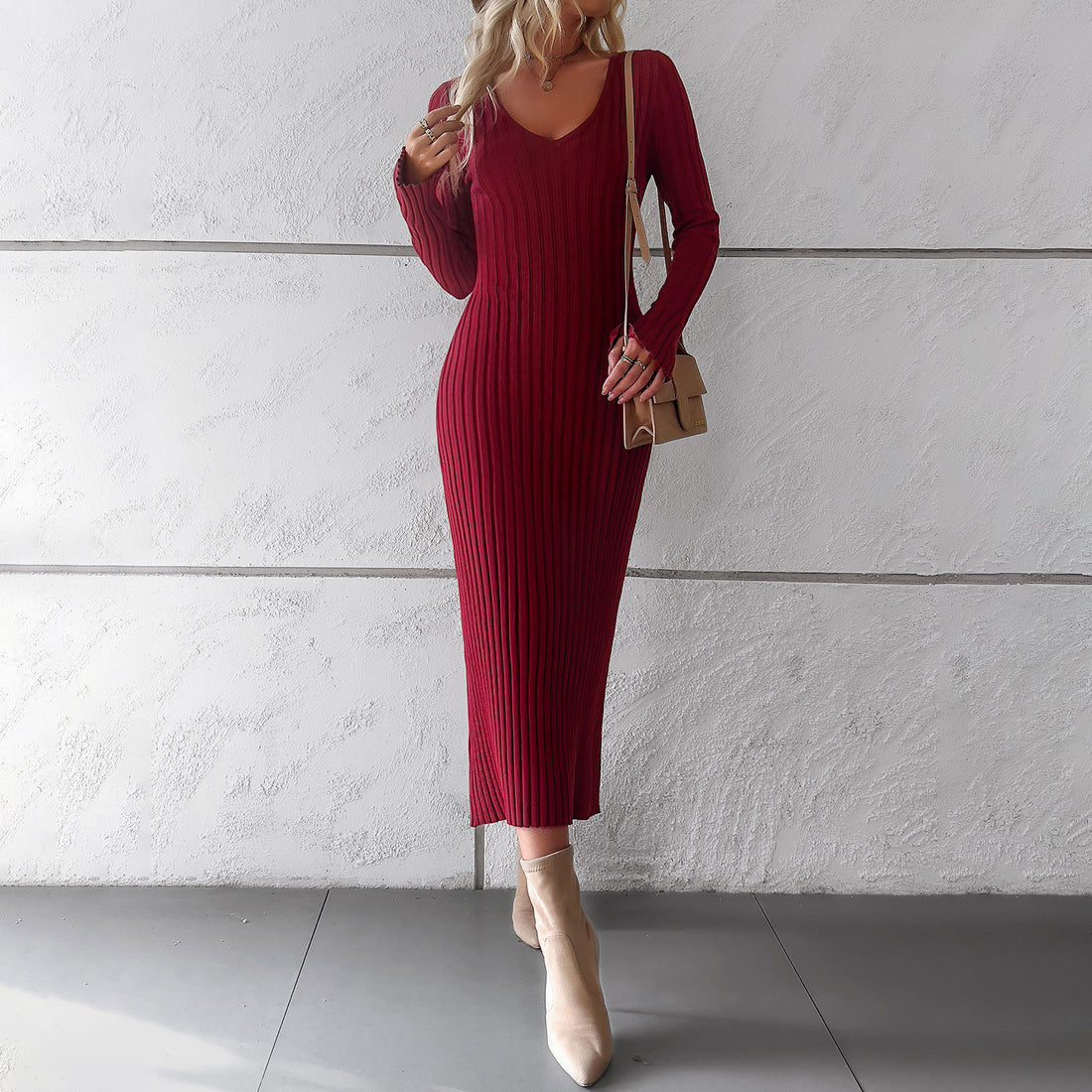 Elegant V Neck Long Sleeves Knitted Dresses