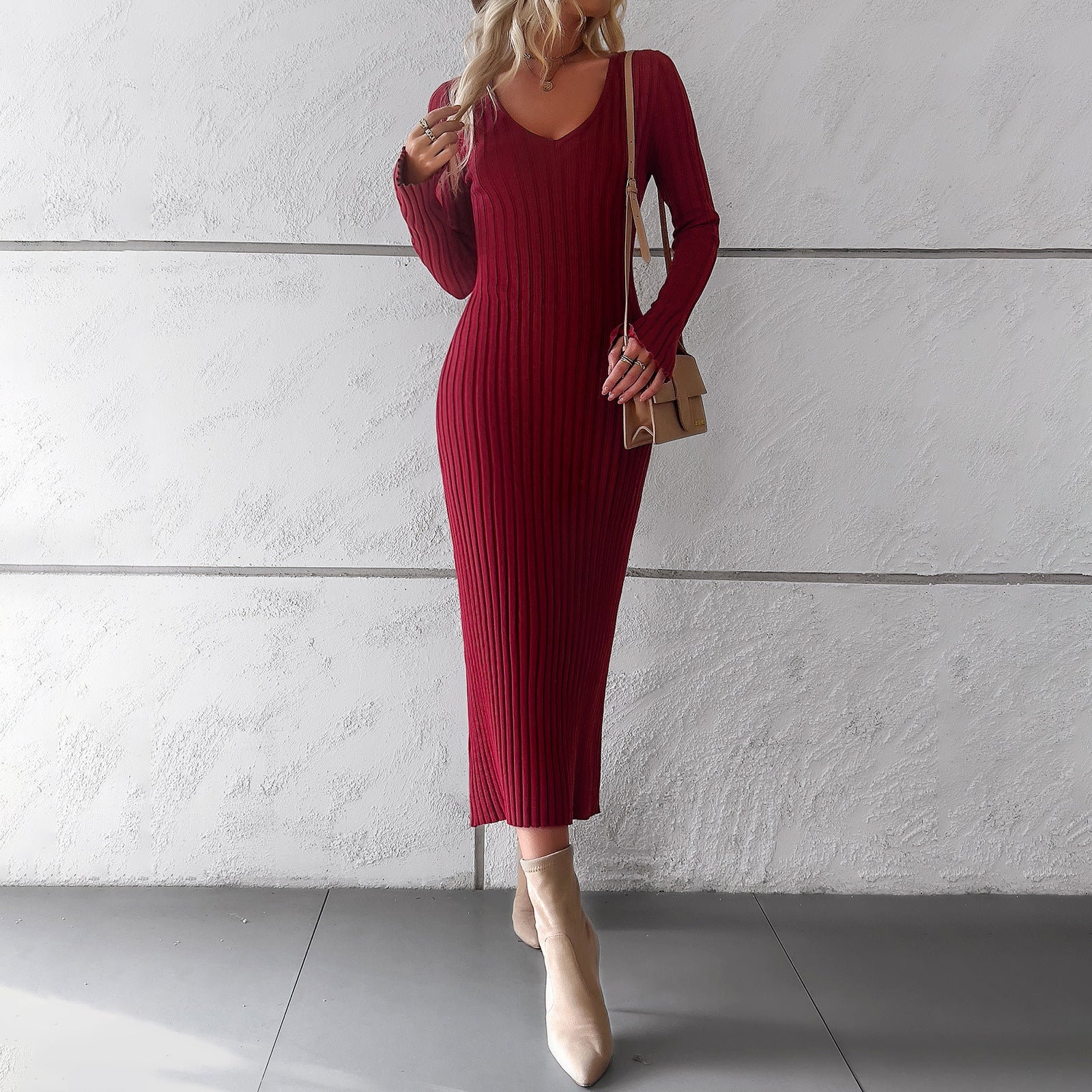 Elegant V Neck Long Sleeves Knitted Dresses