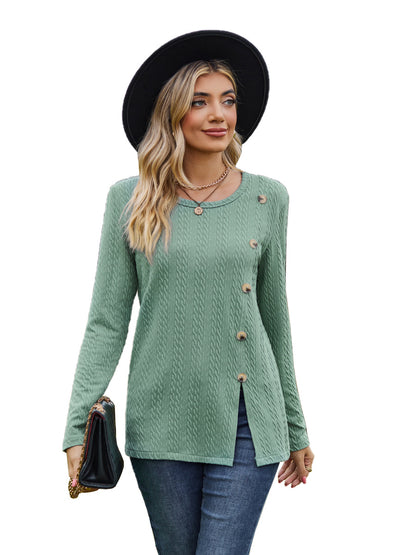Fashion Round Neckline Button Long Sleeves Shirts