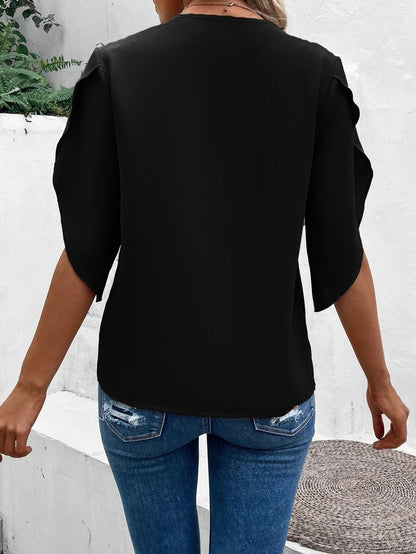 Summer Women's Solid Color Lace V-neck Horn Sleeve Loose Shirt Blouse