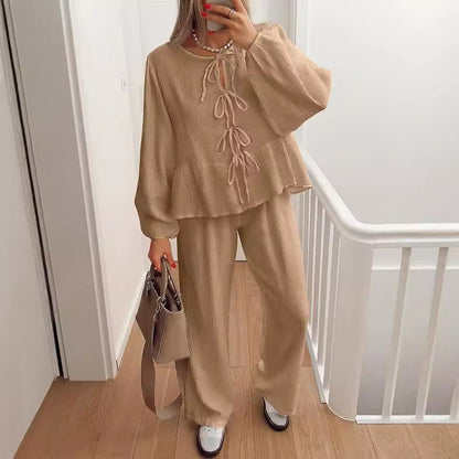 Casual Women Long Sleeves V Neck Shirts and Pants Suits