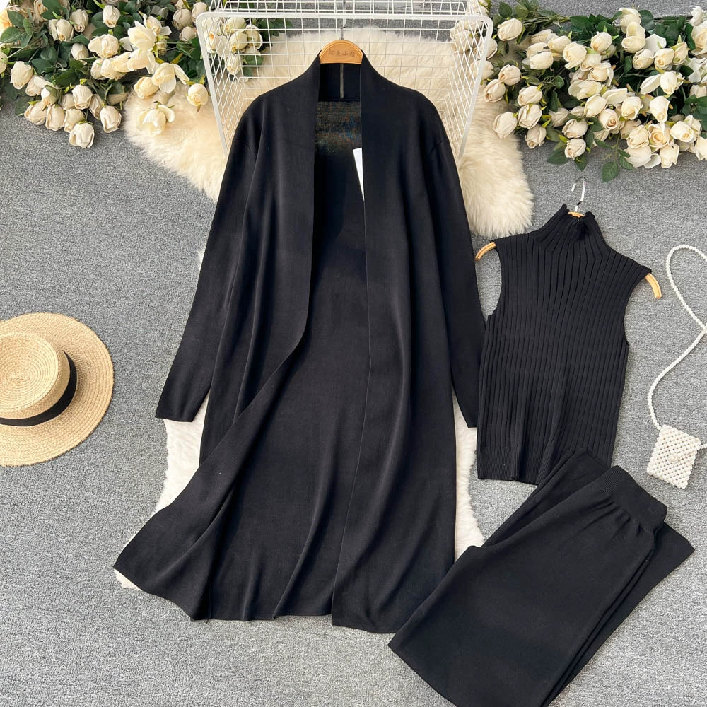 Fashion Fall Knitted 3pcs Cardigan High Neck Sweater Wide Legs Pants