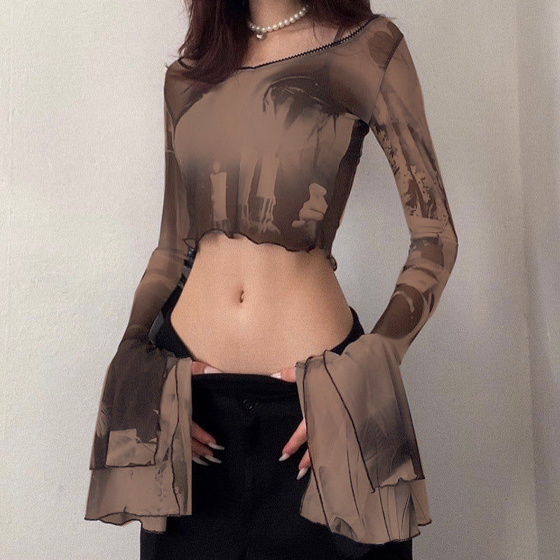 Summer Sexy Trumpet Sleeves Midriff Baring Women Shirts
