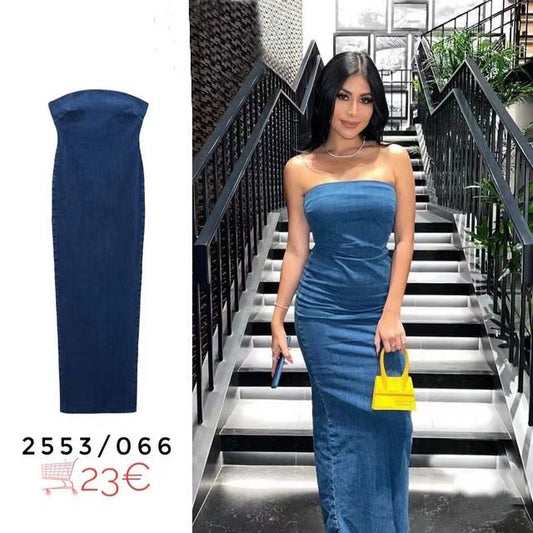 Sexy Back Zippered Strapless Denim Dresses