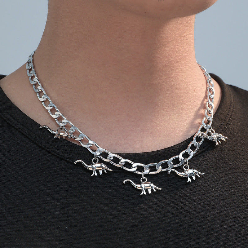 Dinosaur Pendant Men's Cuban Silver Chain Versatile Sweater Necklace