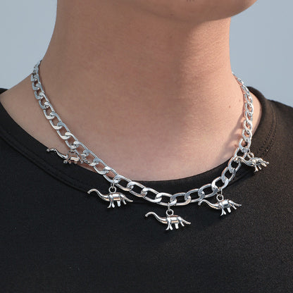 Dinosaur Pendant Men's Cuban Silver Chain Versatile Sweater Necklace