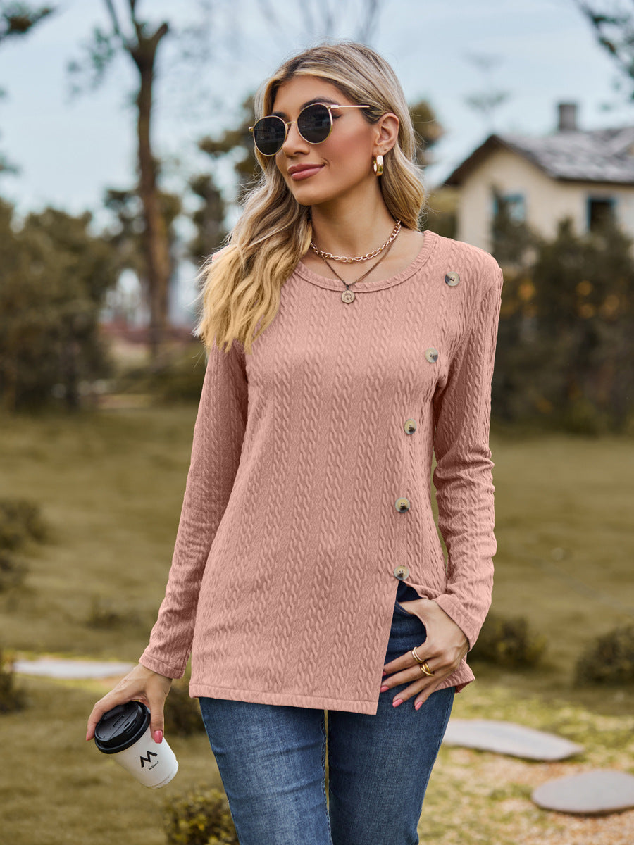 Fashion Round Neckline Button Long Sleeves Shirts