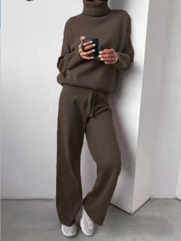 Casual High Neck Two Pieces Knitted Tops & Wide Legs Pants