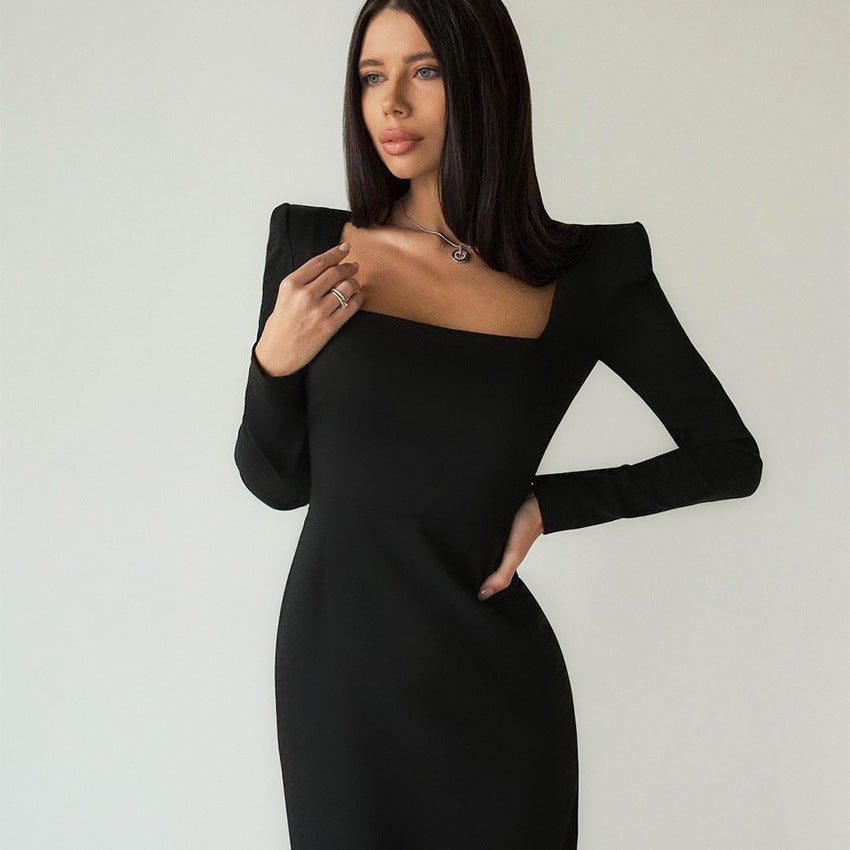 Designed Square Neckline Long Sheathe Black Dresses