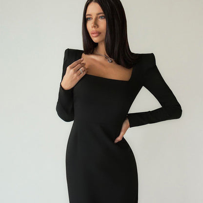 Designed Square Neckline Long Sheathe Black Dresses