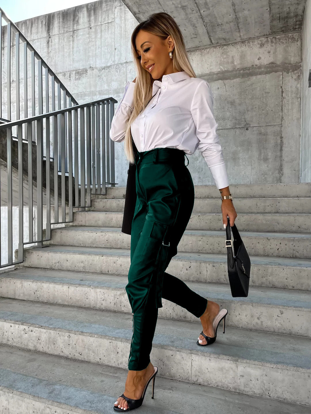 Fashion Pu Leather Slim Waist Women Pants with Pocket